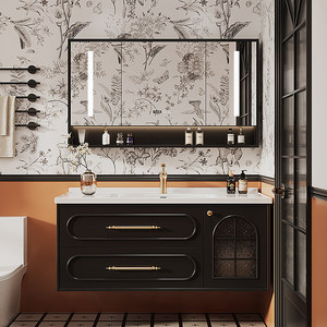 Meuble-lavabo de salle de bain en bois massif de style rétro français, peinture cuite durable, rangement spacieux - Product Image 2