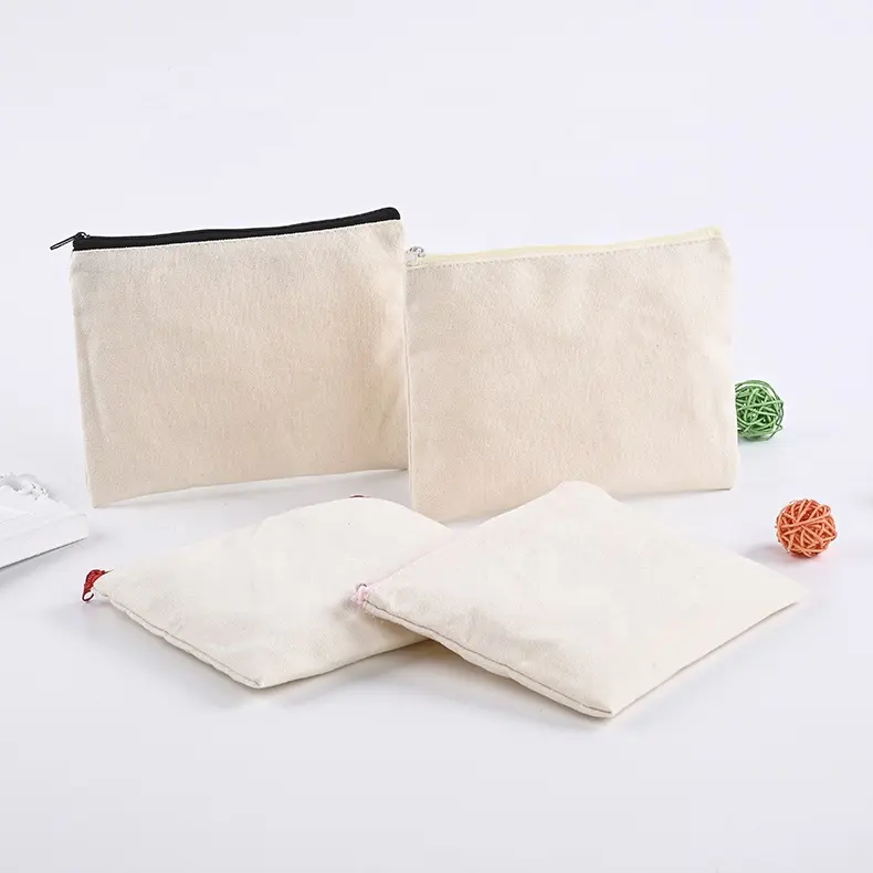 Accepter logo personnalisé stock prêt sac cosmétique plaine organique organisateur cadeau coton toile sac cosmétique
