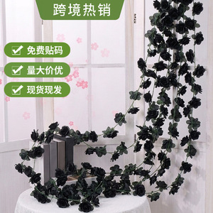 Guirlandes de roses noires artificielles, 45 têtes, fleurs en soie plastique pour décoration murale, plafond, Halloween - Product Image 1
