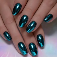 Uñas Postizas Reutilizables con Diseño de Metal Esmeralda a Cuadros, Puntas Largas y Efecto Espejo con Diamantes, Precio de Fábrica