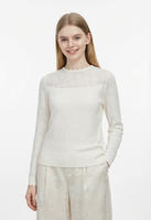 Pull-over élégant pour femme en maille scintillante à col rond, motif floral ajouré, manches longues, fin et brillant