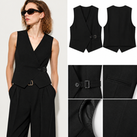 Veste sans manches en polyester, rayonne et élasthanne pour femme, style universitaire, écologique, coupe-vent, col en V profond, fluide, pour le bureau