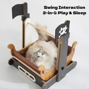 Lit pour chat en forme de bateau <span class=keywords><strong>pirate</strong></span>, chaise à bascule pour animaux de compagnie, meubles en bois durables pour chatons, résistant aux griffures, maison pour chat, nid de sommeil et de jeu - Product Image 4