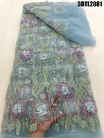 Nouvelle Tendance Philippines : Tissu en Dentelle 3D Fleurs Rose Pâle avec Perles pour Robe de Mariée, Dentelle Perlée et Paillettes en Maille pour Fête