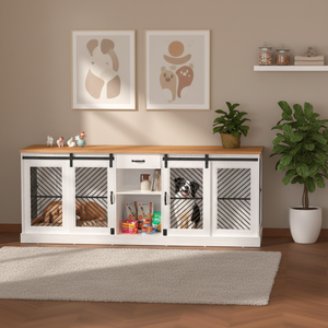 Cage à chien double en bois massif moderne de 86,6 pouces pour 2 chiens, niche d'intérieur avec serrure et rangement pour animaux de compagnie de taille moyenne/petite - Product Image 1