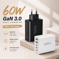 Chargeur rapide HNT 60W GaN 5-en-1 PD3.0 QC, chargeur mural 3 ports Type-C 2 ports USB-A, adaptateur de voyage portable, source d'usine pour smartphone