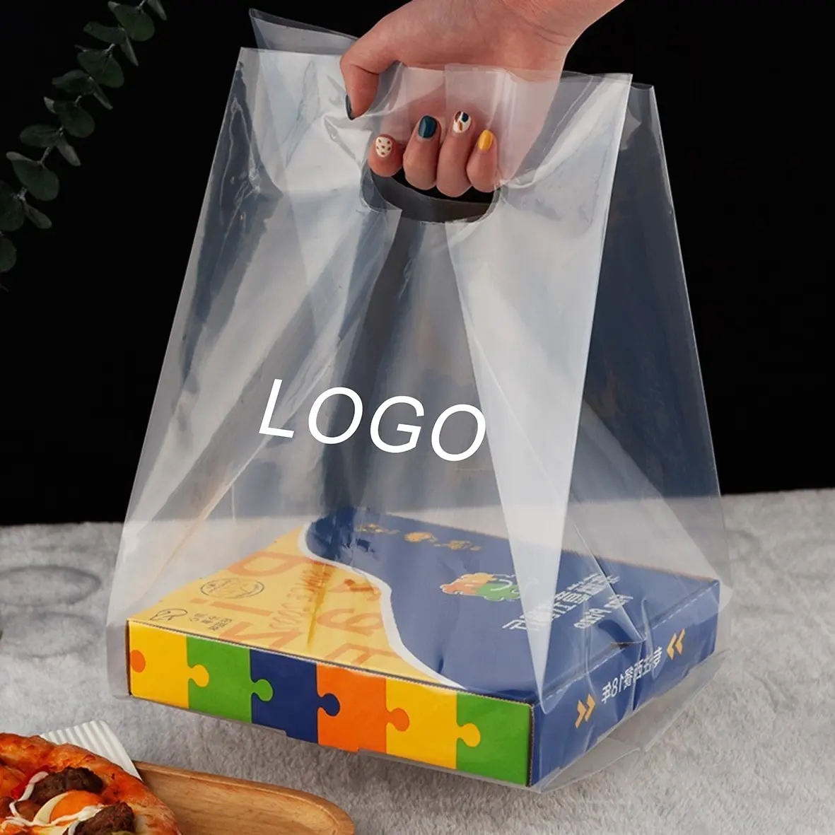 Stampa LOGO plastica shopping food take away fast bags 6/8/10 pollici pizza birthday cake carry handles take out bags