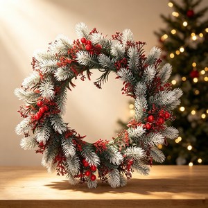 Christmas Artificial <b>Wreath</b> 45cm Red Berries Pine Branches Decorative Ring Home Door Hanging Ornament Festive Decoration - Product Image 1
