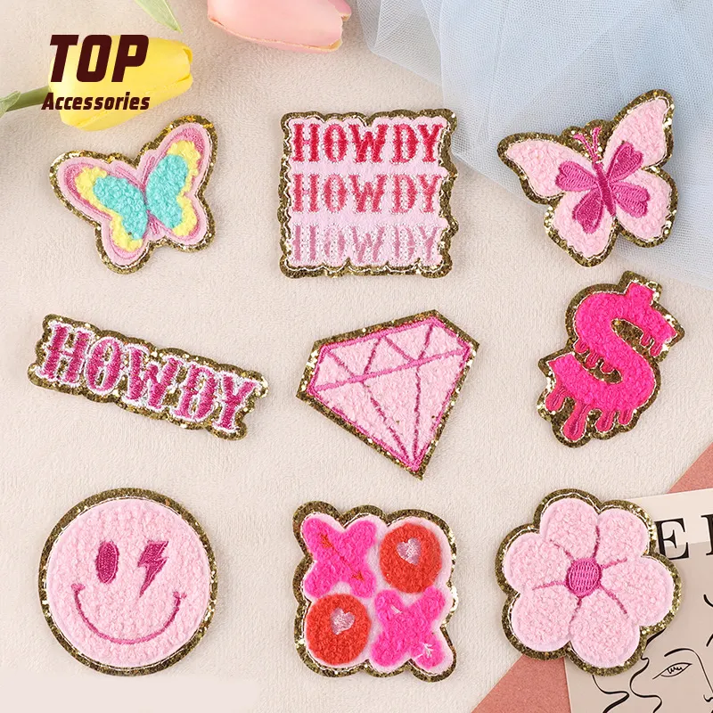 On Chenille Embroidery Patches Alphabet Iron Fabric Flower PVC Wholesale Children Kids Wholesale Children Kids Smiley Face Pink