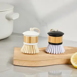 Sikat panci bambu alami bulat sikat cuci piring mini sikat pembersih dapur logo kustom