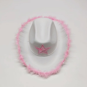 Chapeau de <span class=keywords><strong>cowboy</strong></span> blanc avec bordure en plumes roses et étoile à paillettes pour les enterrements de vie de jeune fille, les fêtes costumées et les tenues de jeu de rôle pour femmes - Product Image 3