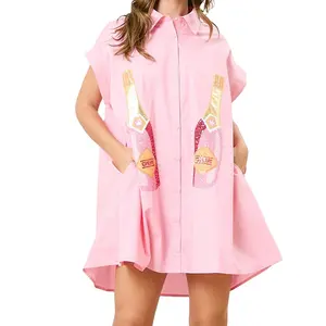 Vestido de verão feminino de manga curta com lantejoulas e garrafa de champanhe, minivestido de grandes dimensões com lantejoulas e garrafa de champanhe