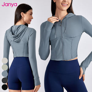 Janya, chaquetas de Fitness para gimnasio delgadas para mujer, de manga larga Sudadera con capucha, agujero para el pulgar, deportes para correr, chaqueta de Yoga con cremallera completa, estampado transpirable - Product Image 1