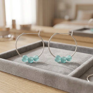 Women's Silver Plated Hoop <b>Earrings</b> with Teal Imitation Pearl Beads Casual Fashion Jewelry - Product Image 3