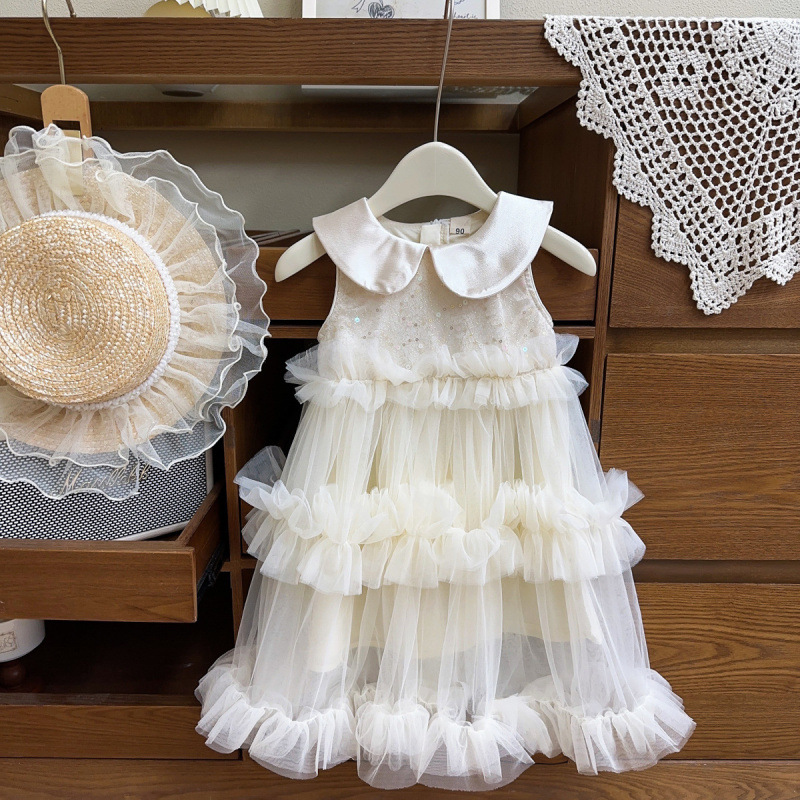Summer 2025 Korean Sweet Little Girl Princess Children Sequined Vest Cake Cute Mesh Dress