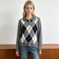 Pull-over décontracté à manches longues pour femme, col polo, en tricot jacquard Argyle, motif losanges, coupe décontractée, style preppy, automne