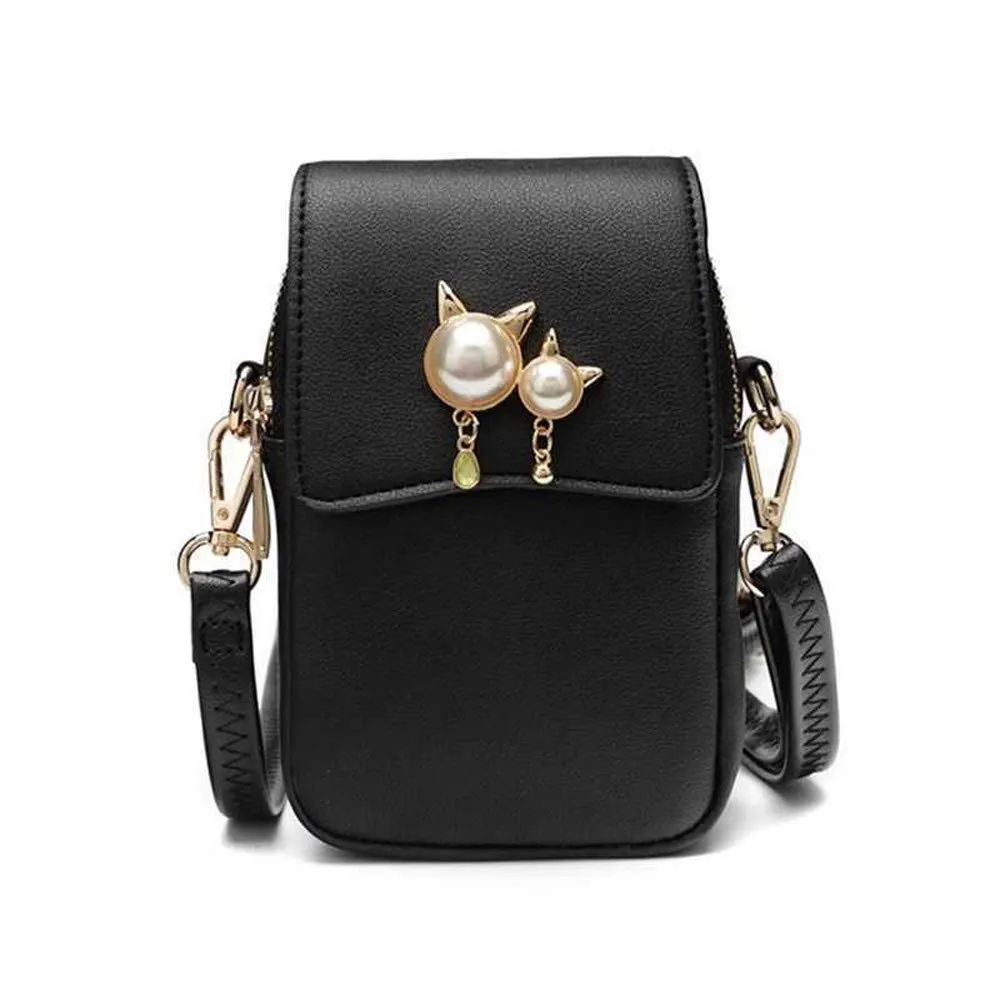 Women's Mini Leather Cell Phone Purse Double Compartment Crossbody Pearl Shoulder Bag Girls