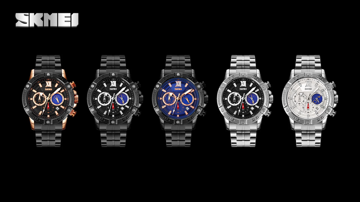 Business Luxury SKMEI 9235 Jam Tangan Alloy Moon Phase Quality Mens Wrist  Stainless Steel Quartz Watch Factory