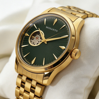 Montre mécanique pour homme tendance, boîtier doré poli brillant, cadran décoratif vert, bracelet tout en métal doré, montre décontractée pour homme