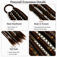 Extensions de queue de cheval tressées bohèmes de 24 pouces avec perles en bois, postiches synthétiques antidérapantes pour femmes, idéales pour festivals et soirées