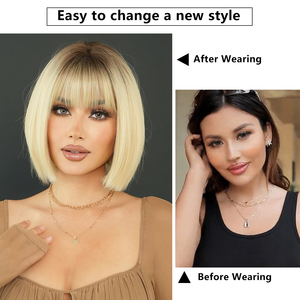 Peluca recta Bob corto con <span class=keywords><strong>flequillo</strong></span> 12in corto Ombre Blond Yaki peluca sintética resistente al calor Borgoña pelo rojo para fiesta Cosplay - Product Image 5