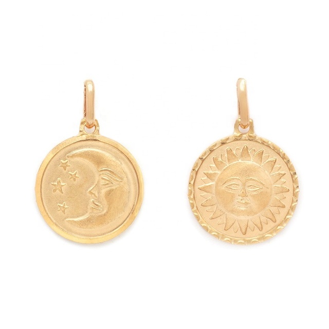 Vintage Gold Jewelry 925 Sterling Silver Sun and Moon Medallion Women Necklace Pendant