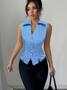 European and American <b>sleeveless</b> striped shirt 2026 summer temperament slim shirt <b>cardigan</b> top <b>women's</b> clothing - Product Image 6