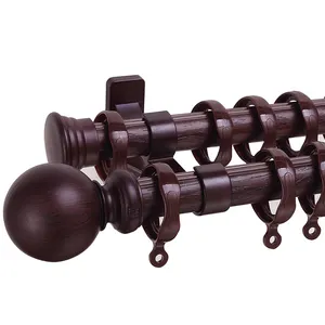 Barre de rideau double en plastique, 1 pièce, style naturel robuste, capuchon de boule, couleur en bois, tringle pour fenêtre française