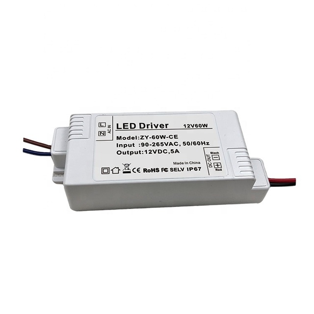 China Factory Price New Design IP67 Waterproof LED Power Supply Dc12v 60w Plastic Rectangular Shell LED Lighting Driver