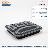 Boîte à lunch jetable en plastique TeGuan à 4 compartiments, sections divisées, capacité de 32 oz/1000 ml, couvercle anti-fuite, compatible micro-ondes