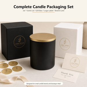 Bocaux à bougies de luxe noirs et dorés avec couvercle en métal doré et boîte cadeau pour marques à label privé, logo personnalisé - Product Image 3
