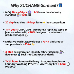 XUCHANG تصميم أصلي عالي الجودة للرجال عتيق القرد مغسول بشعار مخصص تصميم جينز دنيم مستقيم - Product Image 6