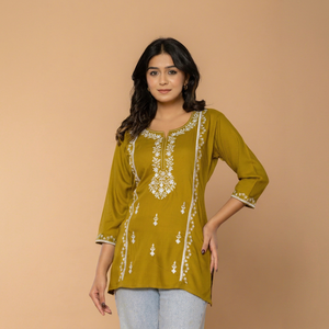 Top/Kurta de Algodón Bordado Color Mostaza para Mujer, Corte Regular, Largo Regular, Estilo Informal, Estilo India-Pakistán, Secado Rápido - Product Image 1