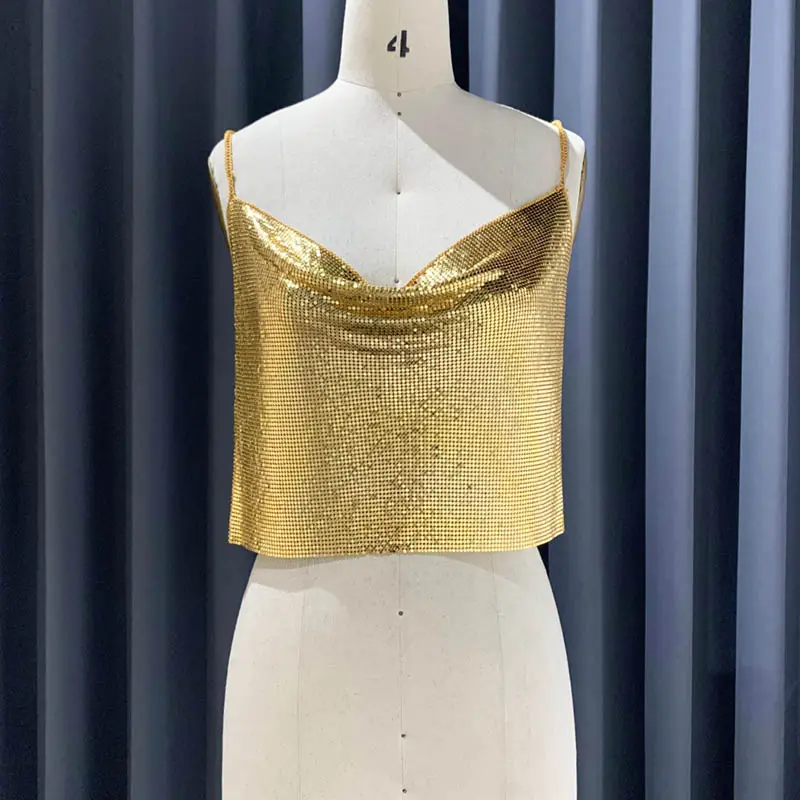 Bright Golden Party Wear Weste Sexy Frauen Clubbing Crop Top Metallic Pailletten Kettenhemd Tops für Frauen