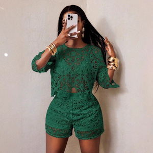 Nuovo Completo Autunnale da Donna in Due Pezzi, Tinta Unita con <span class=keywords><strong>Pizzo</strong></span> Traforato, Sexy e Aderente - Product Image 3