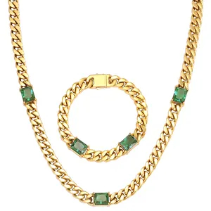 OUMI Jewelry Stock Sale Stainless Steel Cuban link 18K Gold Plated Chain Green Stone Cuban Chain Men Women Necklace