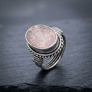 Art Palace Rose Quartz Cocktail <b>Ring</b> 925 <b>Silver</b> Plated Bohemia Style Unisex Jewelry June Birthstone - Product Image 1