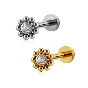 Boucle d'oreille clou en acier inoxydable avec fleur en zircon, style serti à griffes, bijou de piercing, cadeau - Product Image 2