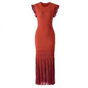 Robe longue plissée élégante en maille avec manches à volants, col rond, sans manches, taille naturelle, couleur unie, respirante pour femme - Product Image 3