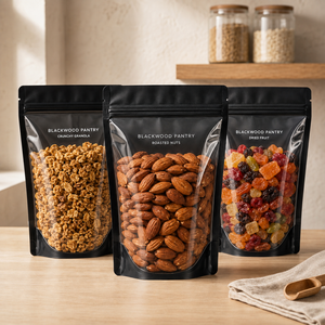 Özel Logolu Mat Siyah Şeffaf Önü Olan, Tekrar Kapanabilir Kilitli, Kuruyemiş ve Atıştırmalık Gıda Ambalajı için Dik Duran Poşetler - Product Image 1