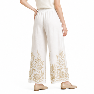 <span class=keywords><strong>Pantaloni</strong></span> a <span class=keywords><strong>Vita</strong></span> Morbida <span class=keywords><strong>con</strong></span> Ricamo Floreale per Donne Curvy, Effetto Lino, Gamba Larga, Pronti per la Spedizione, OEM, Disponibili <span class=keywords><strong>in</strong></span> Stock - Product Image 2