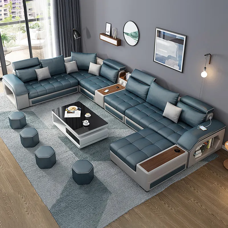 Precio barato de diseño moderno casa Reclinable impermeable azul relajarse seccional sofá muebles de 7 plazas para sala de estar dormitorio