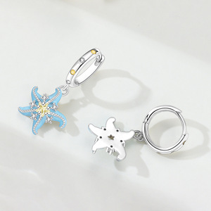 Boucles d'oreilles en forme d'étoile de mer en cuivre blanc plaqué argent avec pierres de zircon pour femmes, bijoux mignons à la mode - Product Image 4