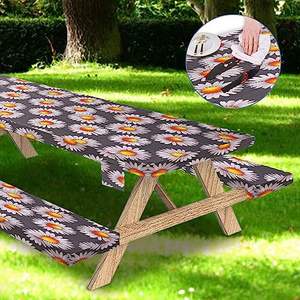 Couverture de Table de pique-nique avec couvertures de banc 3 pièces ensemble élastique ajusté Rectangle nappes en vinyle <span class=keywords><strong>toile</strong></span> <span class=keywords><strong>cirée</strong></span> imperméable pour l'<span class=keywords><strong>extérieur</strong></span> - Product Image 3