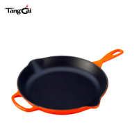Wajan Besi Cor Enamel Oranye Tahan Panas Dengan Gagang Samping dan Corong Penampung Minyak, Anti Lengket, Tahan Abrasi, Peralatan Memasak