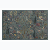 Tapis moderne à poils moyens, motif botanique, oiseaux et animaux de jardin, bleu-gris, en polyester imitation velours, fabriqué à la machine, antidérapant et insonorisant
