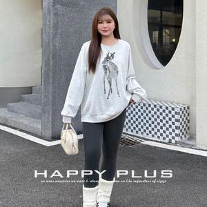 เสื้อสเวตเชิ้ตคอกลมพิมพ์ลาย Happy Plus สีเทาอ่อน ลายสัตว์ ผ้าฝ้ายทวิลล์ สำหรับผู้หญิงไซส์พลัส เสื้อลำลองสำหรับฤดูใบไม้ร่วง - Product Image 3