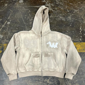 هوديز مخصصة بتصميم عتيق ممزق وفضفاض مع تطريز وغسيل حمضي وتأثير باهت من الشمس وسحاب أمامي - Product Image 6