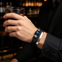 Bracelet en cuir tressé avec pierres turquoise et lapis-lazuli en acier inoxydable, multicolore, pour homme, idéal pour un anniversaire - Vente en gros
