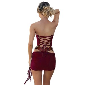 Nuovo Set Primaverile 2024 da Donna in Stile Retrò Y2K, Top Corto e Minigonna Sopra il Ginocchio con Lacci, Motivo Tinta Unita, Due Pezzi - Product Image 6